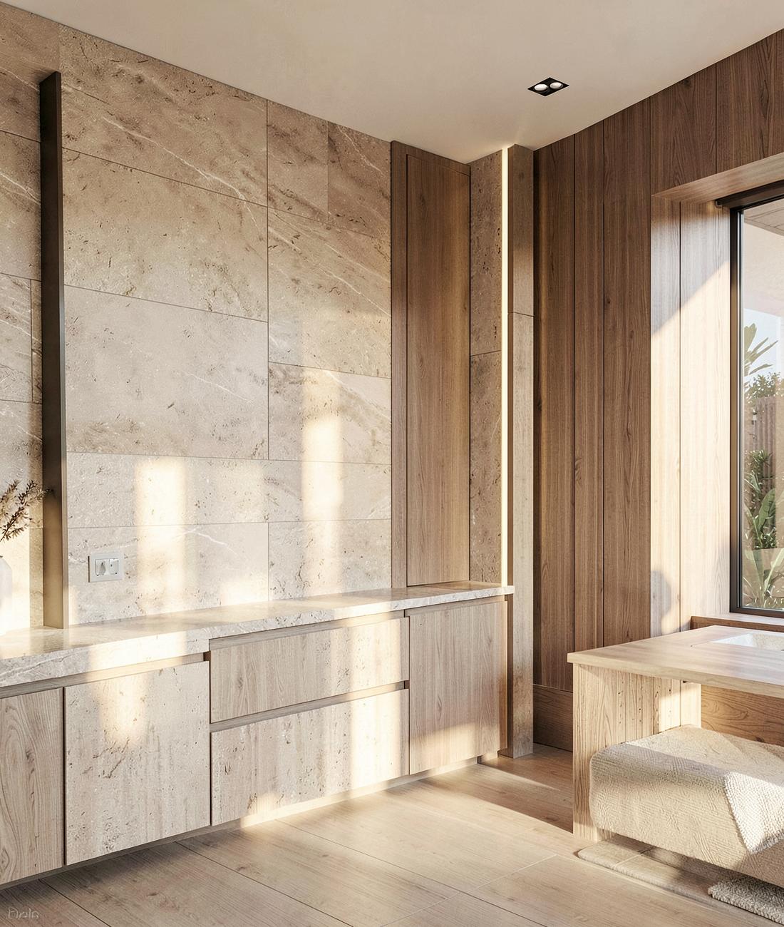 Sunlit interior with stone and timber finishes